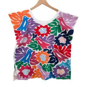 J Marie Maya Top Womens Multicolor Floral Embroidered Cap Sleeve Boho Size M